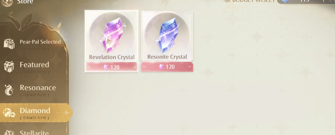 Resonite and revelation crystals for banners in Infinity Nikki